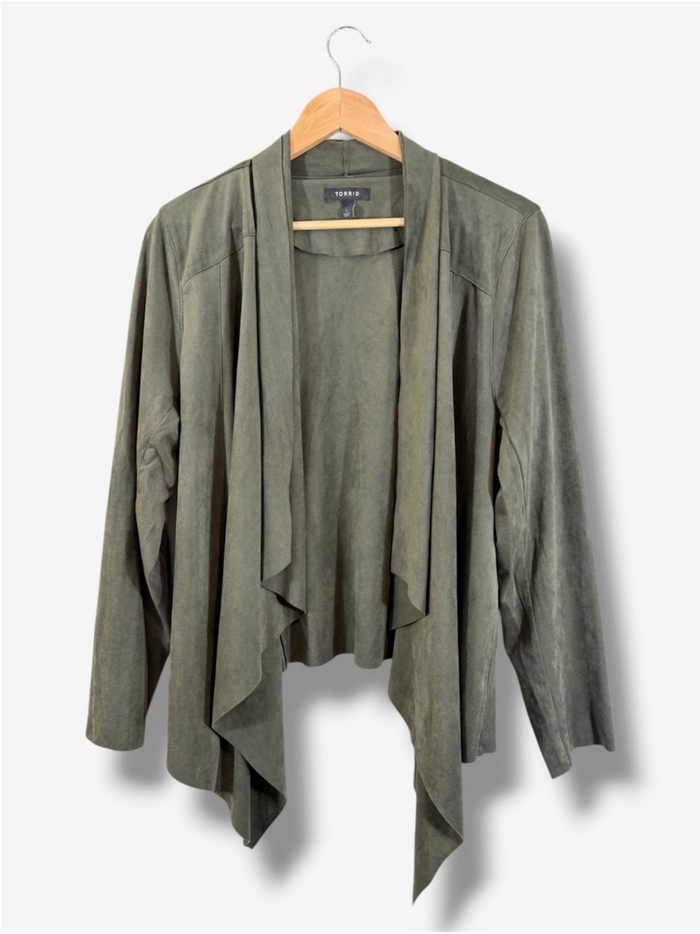 Torrid Green Faux Suede Draped Cardigan 1X 14/16 Waterfall Open Front Jacket